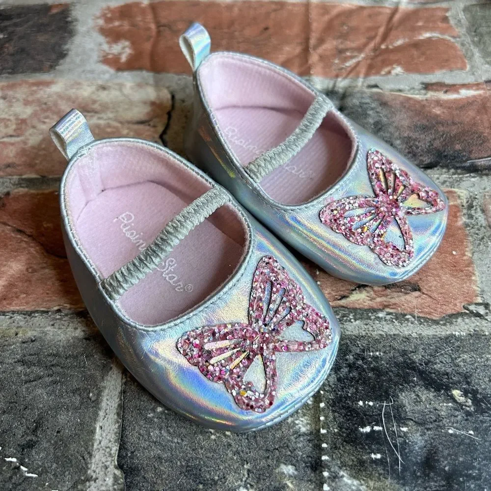 5‎ for $25🔥Rising Star Metallic Silver Butterfly Flats Baby Size 6-9 Months